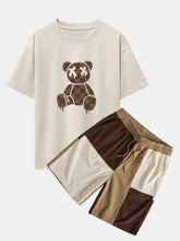 Checkerboard Dissolving Bear Drop Shoulder Oversize T-Shirt & Colorblock Corduroy Shorts